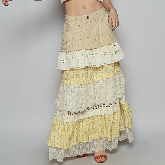 LAST ONE - POL Cream Mix Multi Tiered Lace Detail Maxi Skirt - NWT - Picture 2 of 7
